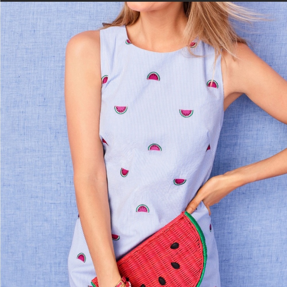 Talbots blue/ white seersucker shift dress with watermelon slices.
